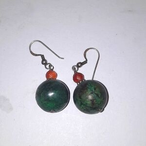 Green and red/orange  stone 925 sterling silver earrings about 1.5 inch long